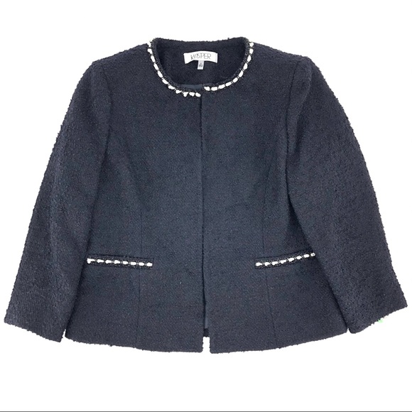 Kasper Jackets & Blazers - Kasper Navy Bouclee Knit Open Front Jacket
